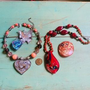 Two Gorgeous Glass Pendant Necklaces & Three Singl